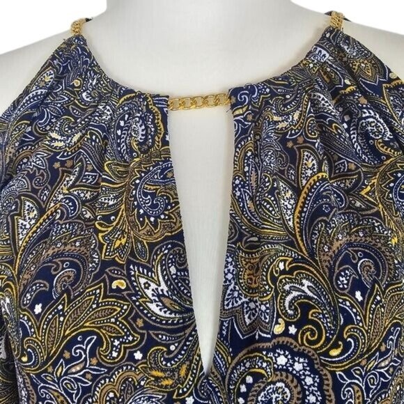 Michael Kors Navy Paisley Blouse Sz M 3/4 Sleeve Gold Chain Boho Flowy Relaxed - Picture 3 of 8